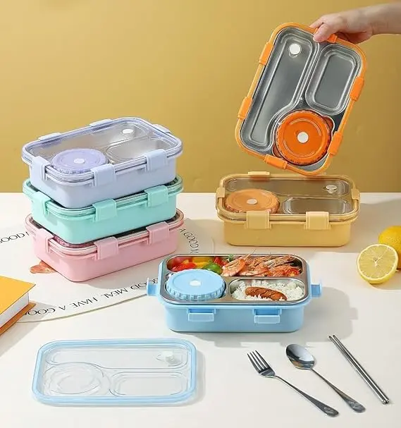 3 Compartments, Lunch Box with Spoon & Chopstick -750ML